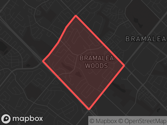 Map of Bramalea Woods in Brampton with its official boundary outlined