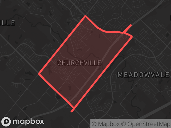 Map of Churchville in Brampton with its official boundary outlined