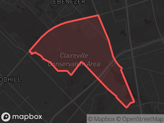 Map of Clairville Conservation in Brampton with its official boundary outlined