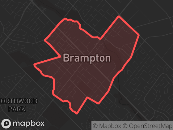 Map of Downtown in Brampton with its official boundary outlined