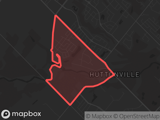 Map of Huttonville in Brampton with its official boundary outlined