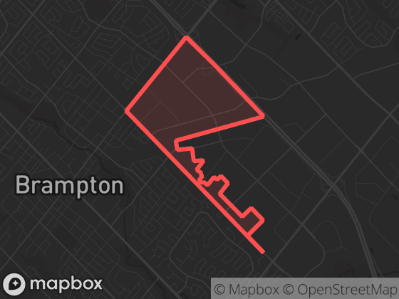 Map of Kennedy Road South in Brampton with its official boundary outlined