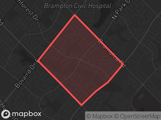 Map of M-Section (Bramalea) in Brampton with its official boundary outlined