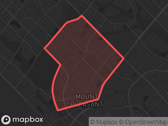Map of Mount Pleasant Village in Brampton with its official boundary outlined