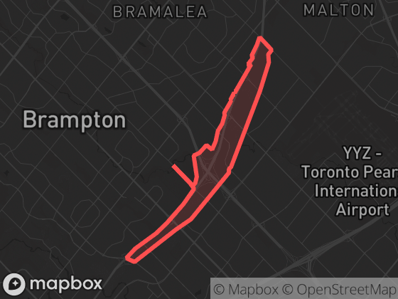 Map of Parkway Belt in Brampton with its official boundary outlined