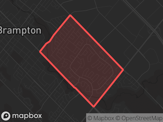 Map of Peel Village in Brampton with its official boundary outlined