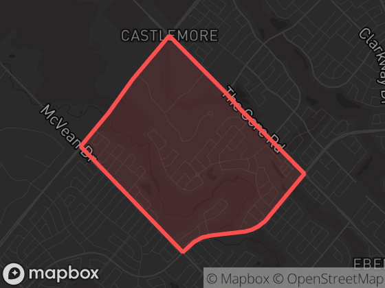 Map of Rivers Edge / Castlemore Crossing in Brampton with its official boundary outlined
