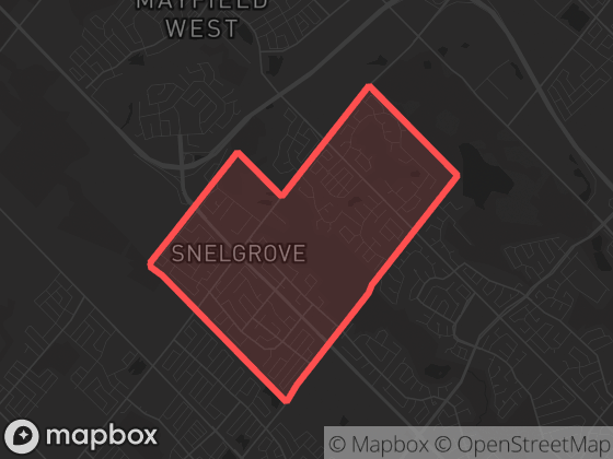 Map of Snelgrove in Brampton with its official boundary outlined