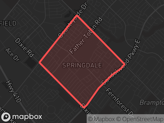 Map of Springdale in Brampton with its official boundary outlined
