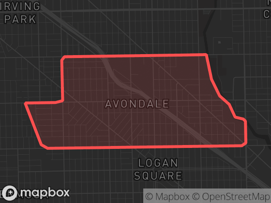 Map of Avondale in Chicago with its official boundary outlined