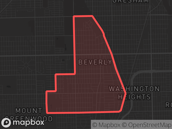 Map of Beverly in Chicago with its official boundary outlined