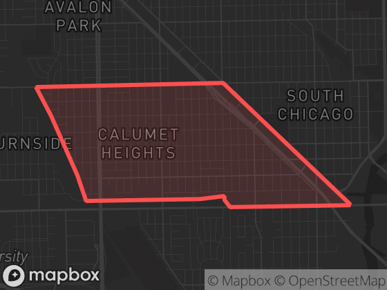 Map of Calumet Heights in Chicago with its official boundary outlined