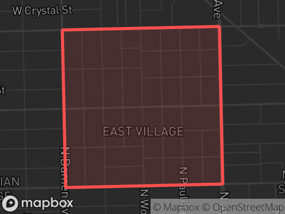Map of East Village in Chicago with its official boundary outlined