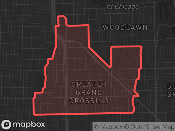 Map of Grand Crossing in Chicago with its official boundary outlined