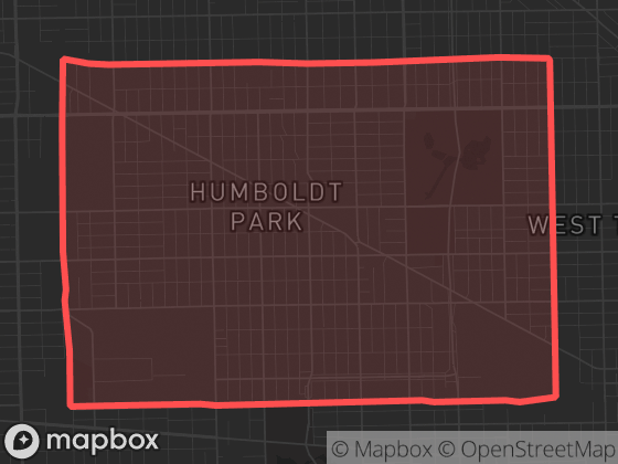 Map of Humboldt Park in Chicago with its official boundary outlined