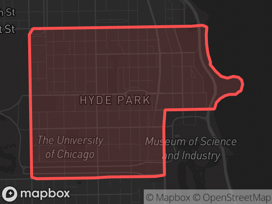 Map of Hyde Park in Chicago with its official boundary outlined
