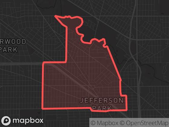 Map of Jefferson Park in Chicago with its official boundary outlined
