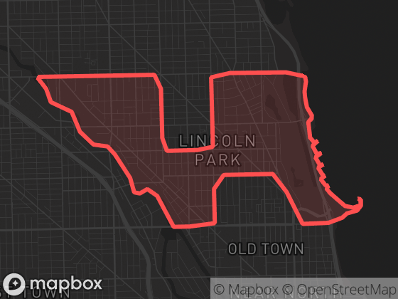 Map of Lincoln Park in Chicago with its official boundary outlined