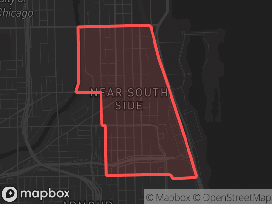 Map of Near South Side in Chicago with its official boundary outlined