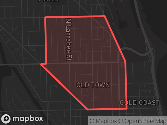 Map of Old Town in Chicago with its official boundary outlined