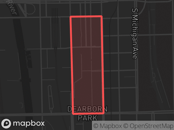 Map of Printers Row in Chicago with its official boundary outlined