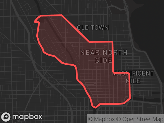 Map of River North in Chicago with its official boundary outlined