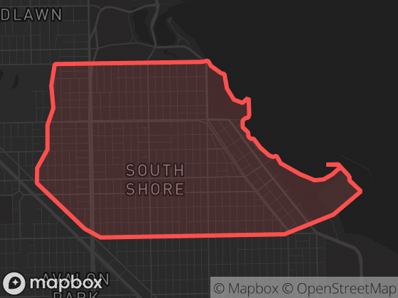 Map of South Shore in Chicago with its official boundary outlined