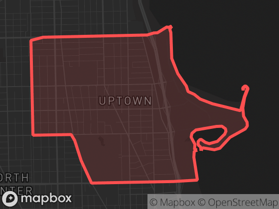Map of Uptown in Chicago with its official boundary outlined