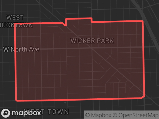 Map of Wicker Park in Chicago with its official boundary outlined