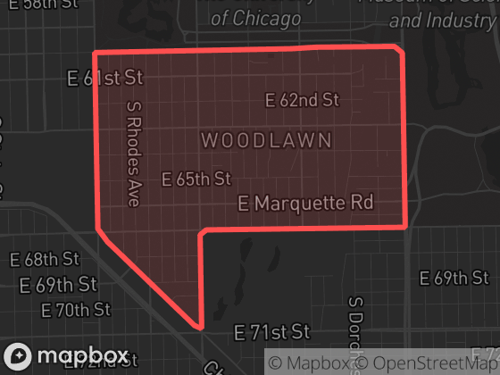 Map of Woodlawn in Chicago with its official boundary outlined