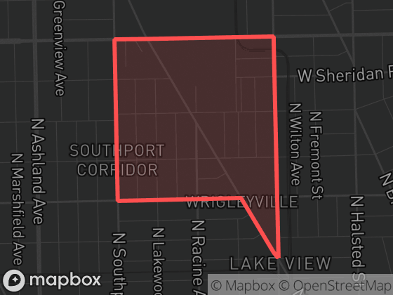 Map of Wrigleyville in Chicago with its official boundary outlined