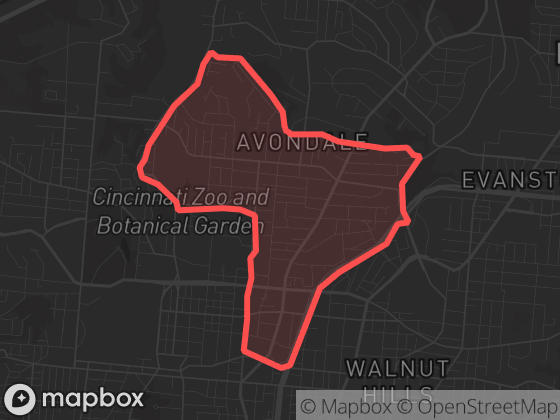 Map of Avondale in Cincinnati with its official boundary outlined