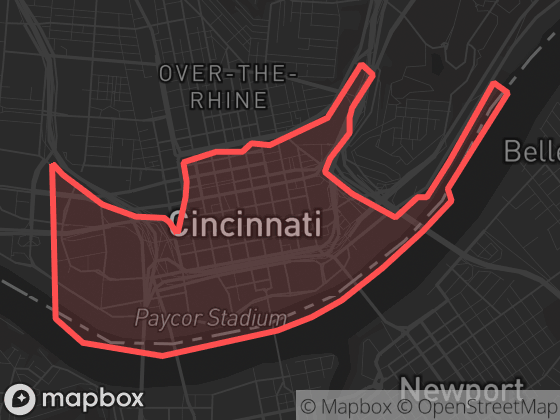 Map of Central Business District in Cincinnati with its official boundary outlined