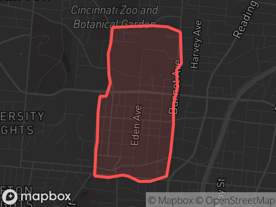 Map of Corryville in Cincinnati with its official boundary outlined