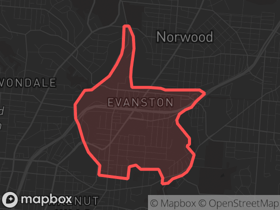 Map of Evanston in Cincinnati with its official boundary outlined