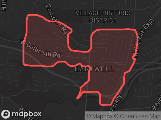 Map of Hartwell in Cincinnati with its official boundary outlined