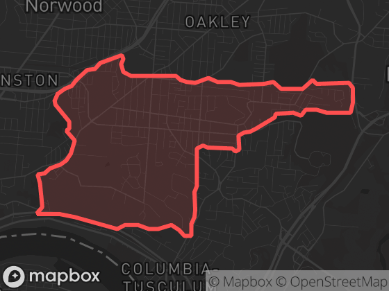 Map of Hyde Park in Cincinnati with its official boundary outlined