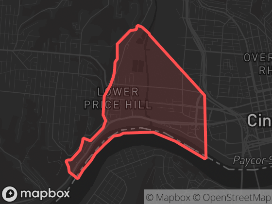 Map of Lower Price Hill in Cincinnati with its official boundary outlined