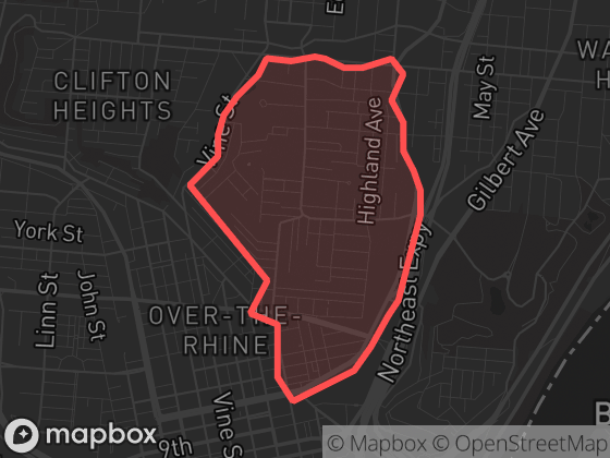 Map of Mount Auburn in Cincinnati with its official boundary outlined