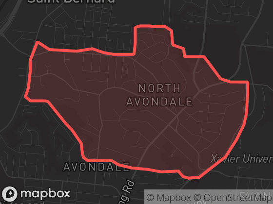 Map of North Avondale in Cincinnati with its official boundary outlined