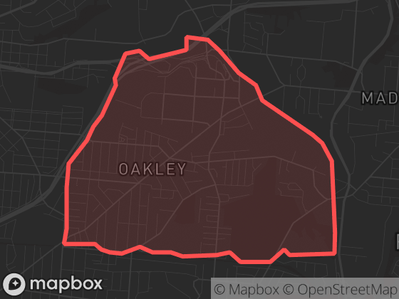 Map of Oakley in Cincinnati with its official boundary outlined