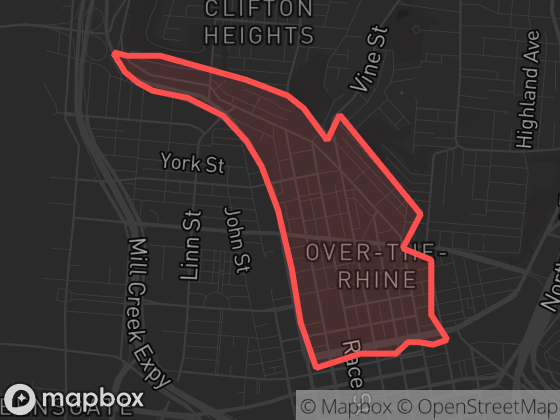 Map of Over-The-Rhine in Cincinnati with its official boundary outlined