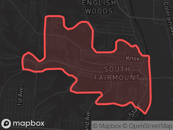 Map of South Fairmount in Cincinnati with its official boundary outlined