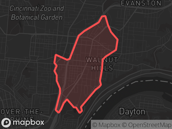 Map of Walnut Hills in Cincinnati with its official boundary outlined