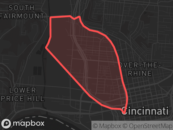 Map of West End in Cincinnati with its official boundary outlined