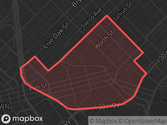 Map of Deep Ellum in Dallas with its official boundary outlined