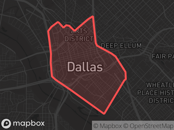 Map of Downtown in Dallas with its official boundary outlined