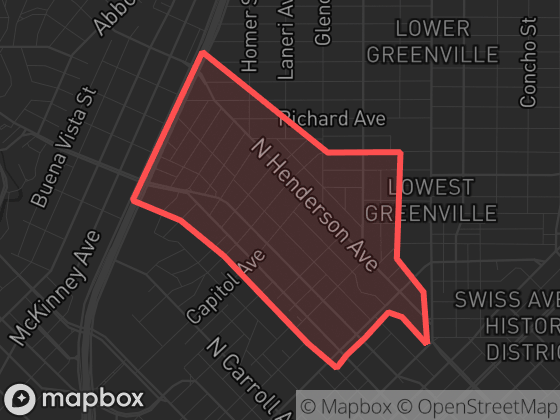 Map of Henderson Avenue in Dallas with its official boundary outlined