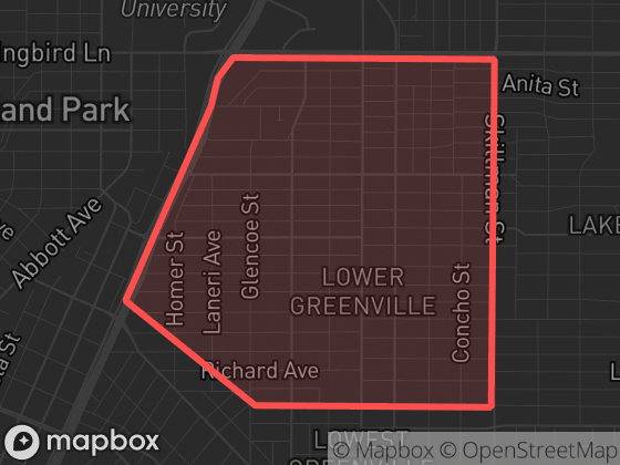 Map of Lower Greenville in Dallas with its official boundary outlined