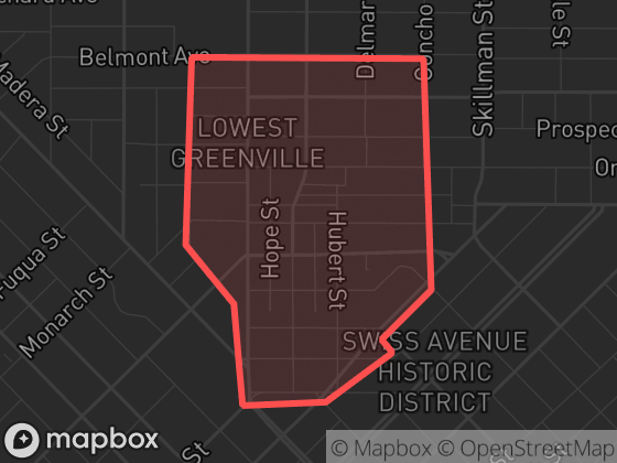 Map of Lowest Greenville in Dallas with its official boundary outlined